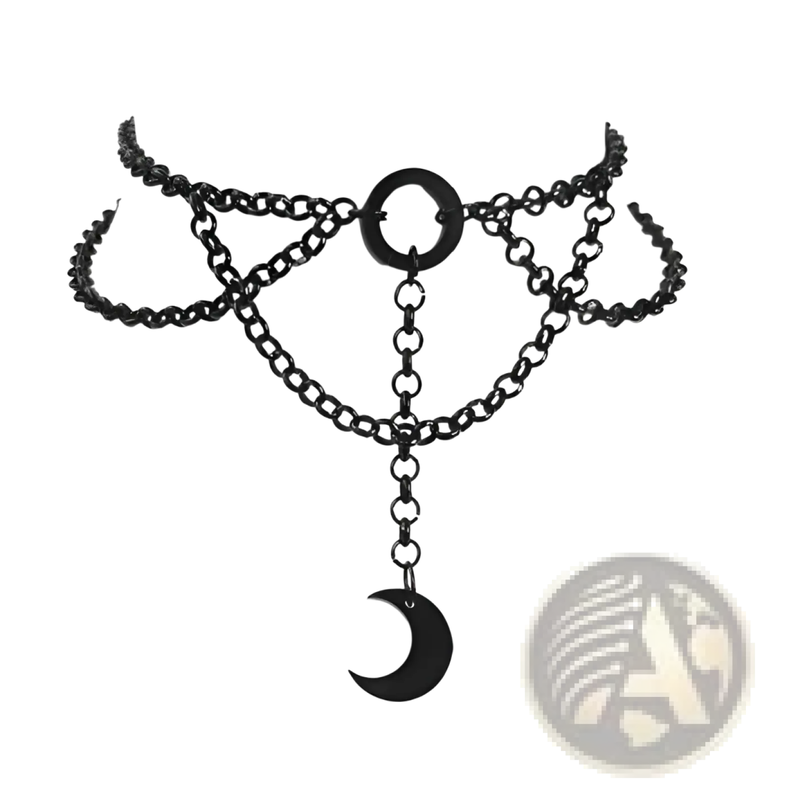 Layered black metal choker necklace with multiple chains and a dangling crescent moon pendant for stylish wear