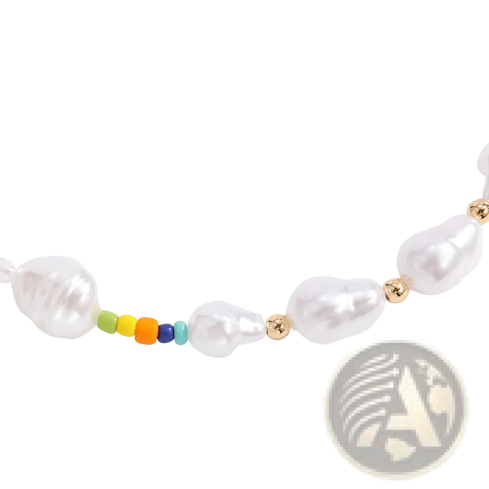 A layered gold butterfly and pearl necklace with irregular white pearls, gold beads, and a vibrant rainbow bead cluster