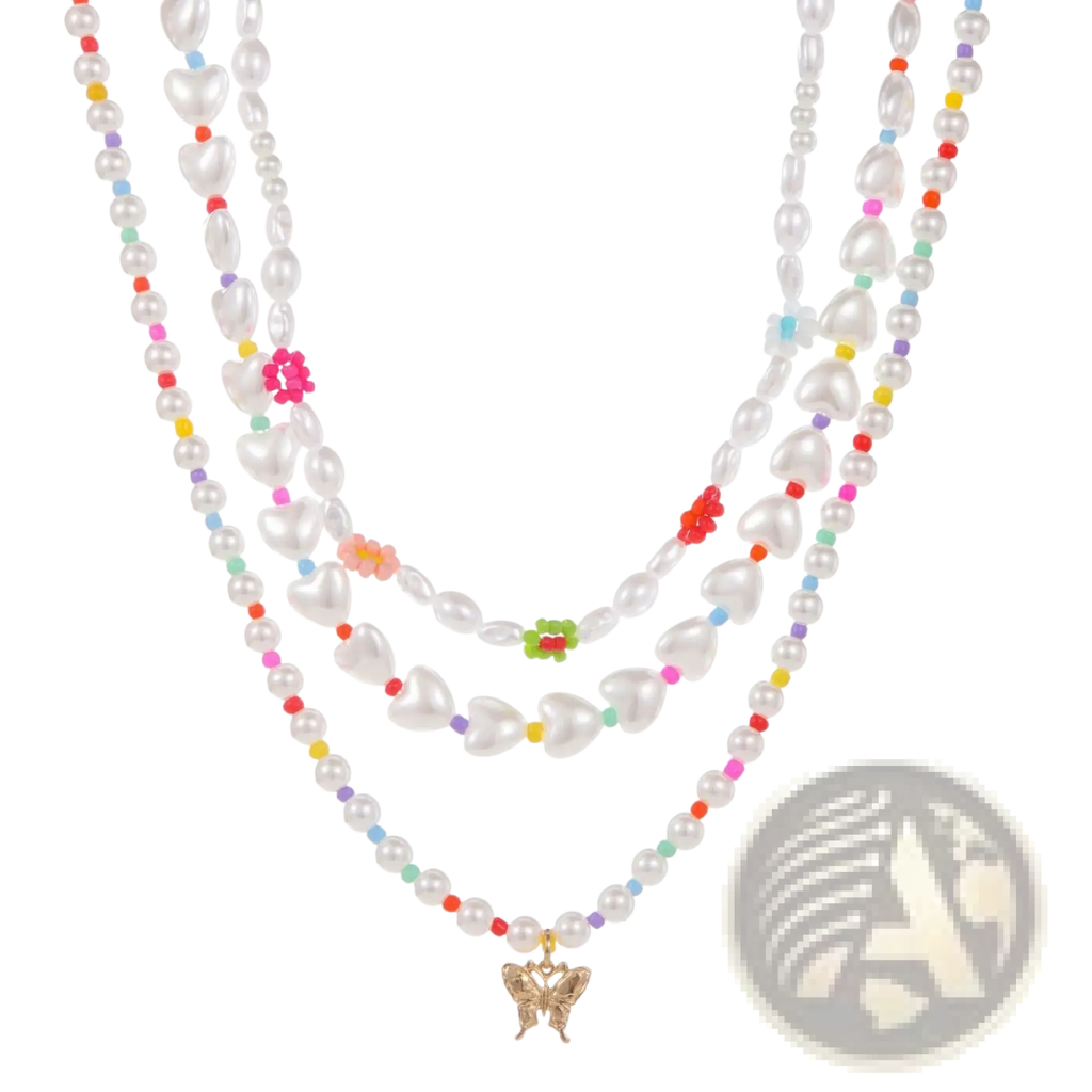 Delicate layered gold butterfly and pearl necklace featuring white freshwater pearls and colorful pink red yellow green beads