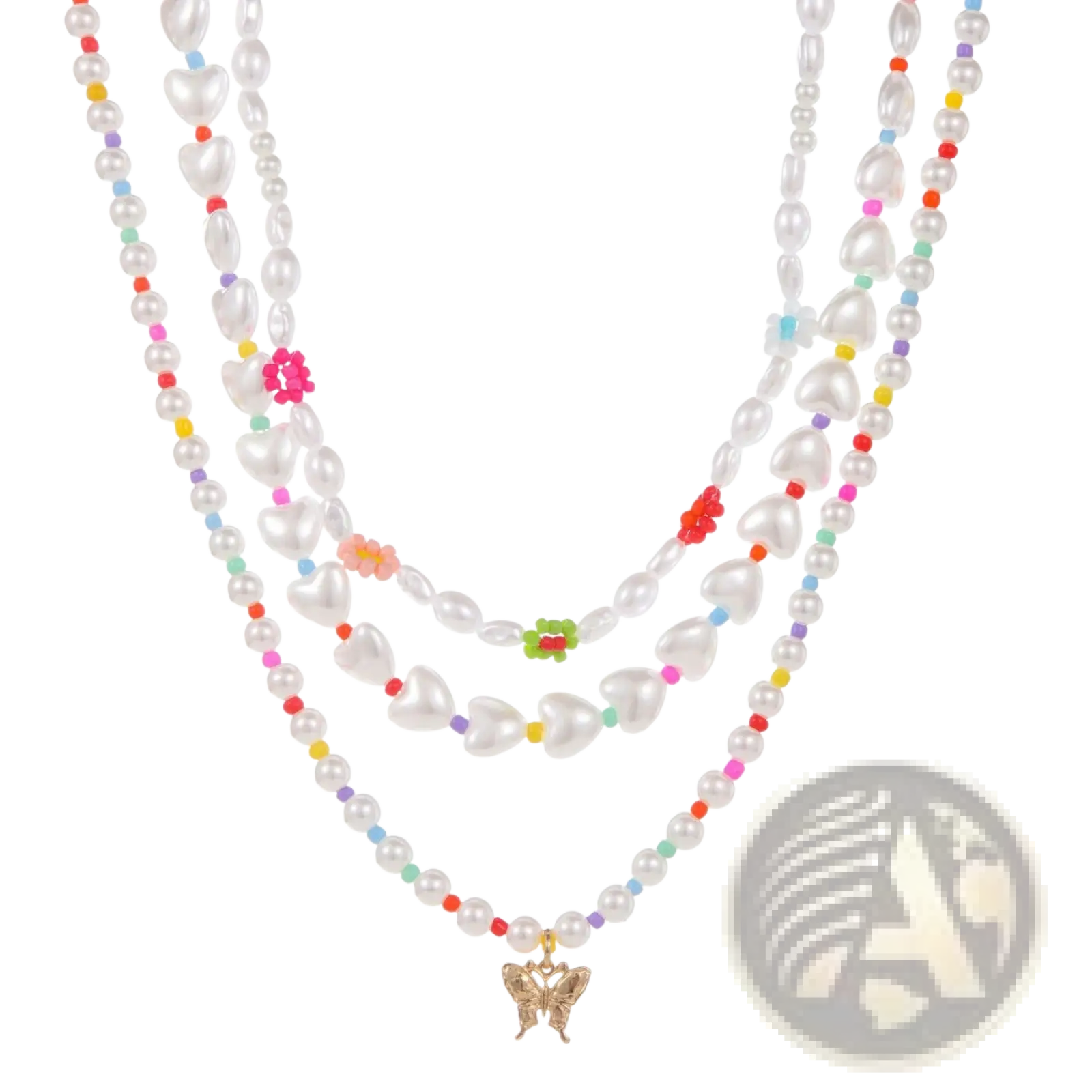 Delicate layered gold butterfly and pearl necklace featuring white freshwater pearls and colorful pink red yellow green beads