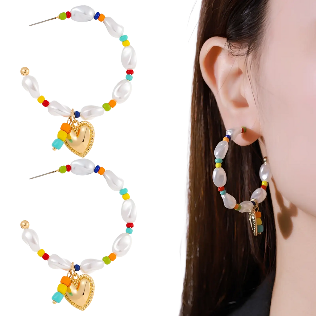 Rainbow-beaded pearl hoop earrings with gold heart charm from the layered gold butterfly and pearl jewelry set for women
