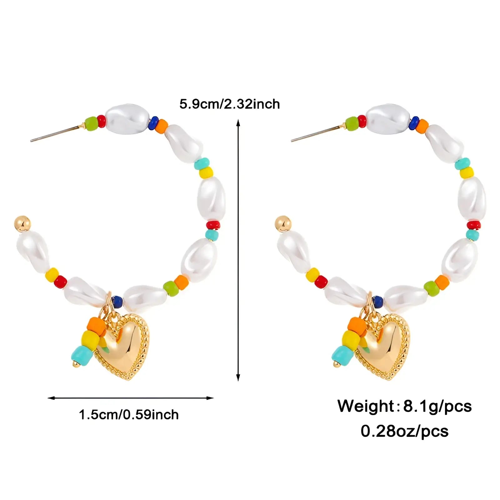 Gold heart-shaped pendant earrings with white pearl and colorful accent beads from layered gold butterfly and pearl set for women