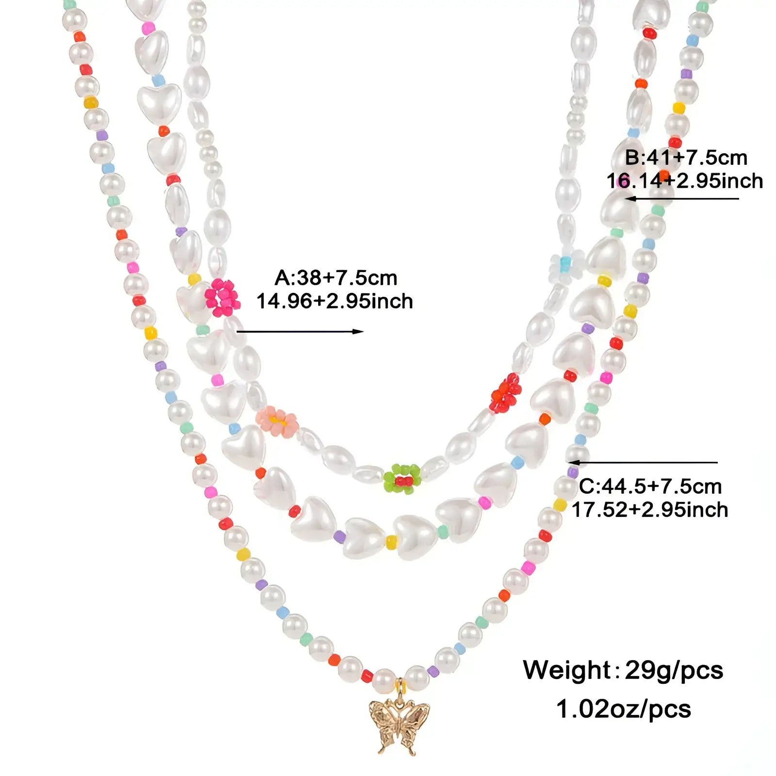 Layered gold butterfly and pearl jewelry set featuring a delicate three-strand necklace with white freshwater pearls and colorful beads
