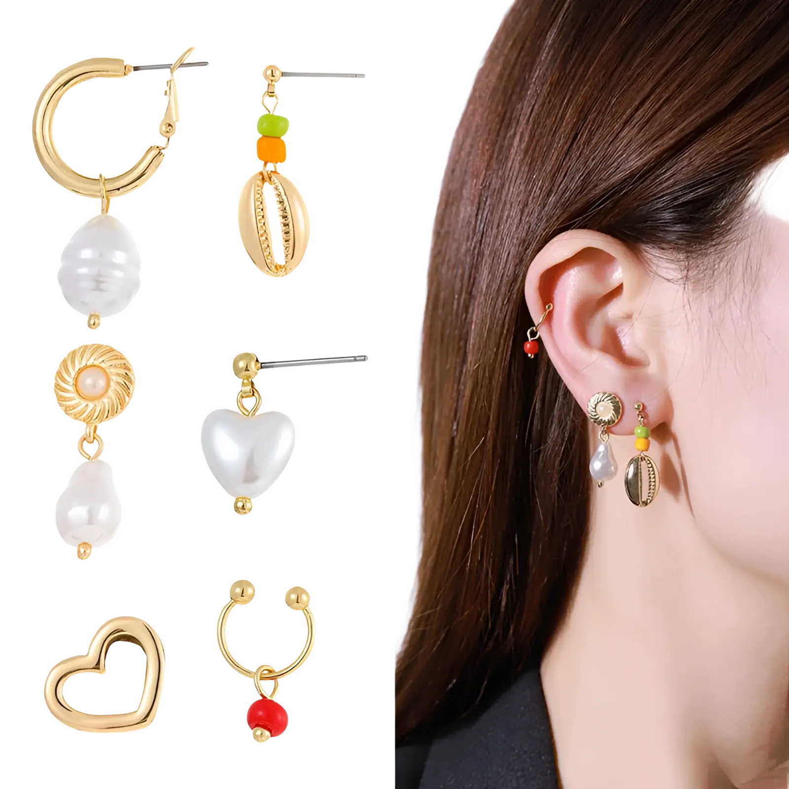 Gold-toned shell and pearl drop earrings with colorful bead accents from layered gold butterfly and pearl jewelry set for women