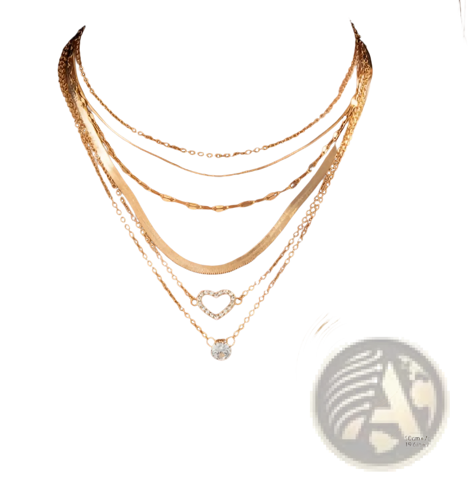 Layered gold heart and crystal pendant necklace set featuring gold-toned alloy and plated metal with crystal accents