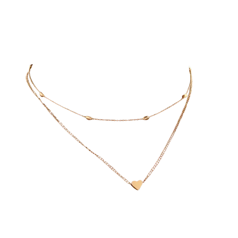 Gold-toned alloy jewelry layered heart pendant necklace for women with delicate chains and oval beads avoid contact with warm water