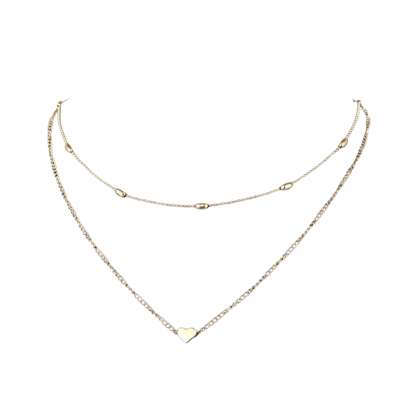 Gold-toned layered heart pendant necklace for women featuring delicate alloy jewelry chains with small oval beads avoid contact with chemical substances