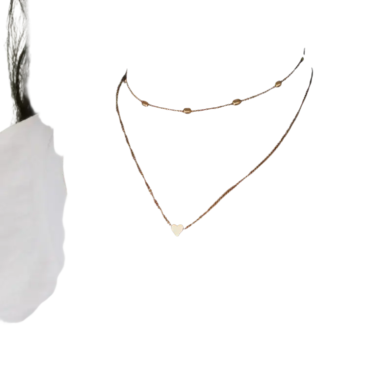 Gold-toned layered heart pendant necklace for women featuring delicate alloy jewelry with small cylindrical beads to avoid contact with chemical substances