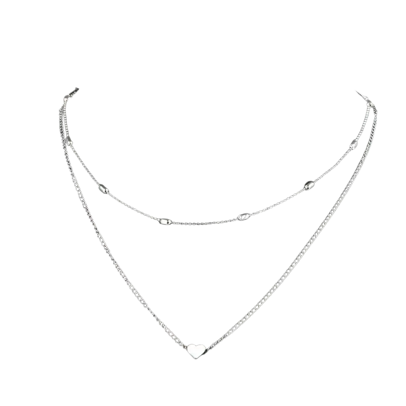 Silver alloy jewelry layered heart pendant necklace for women with delicate oval beads avoid contact with chemical substances