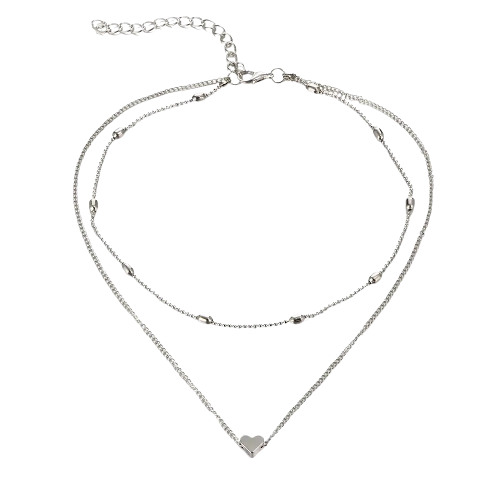 Silver layered alloy jewelry neck chain with delicate heart pendant and beaded accents avoid contact with chemical substances