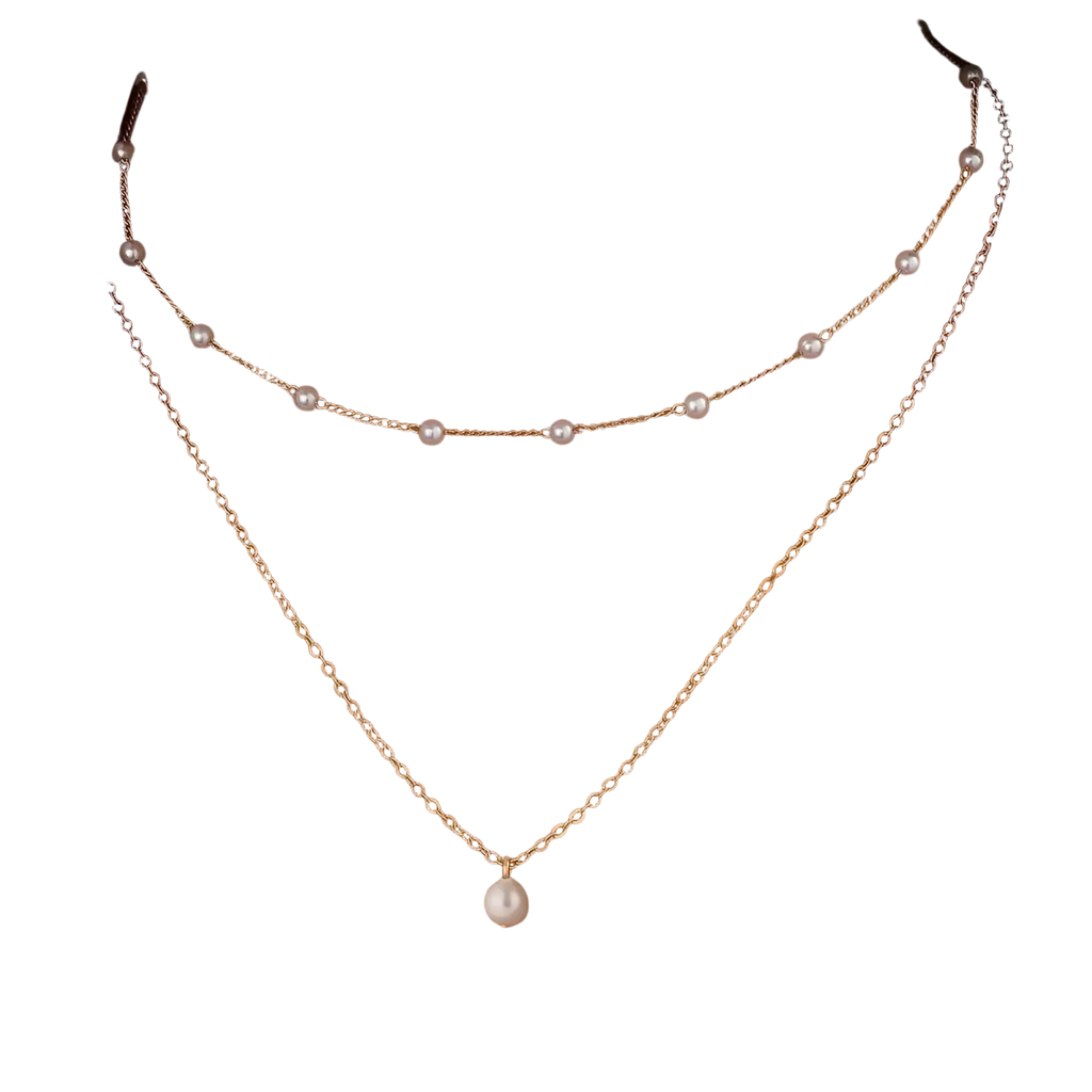 Layered pearl pendant necklace for women with gold-toned chain and double-layered white pearl design