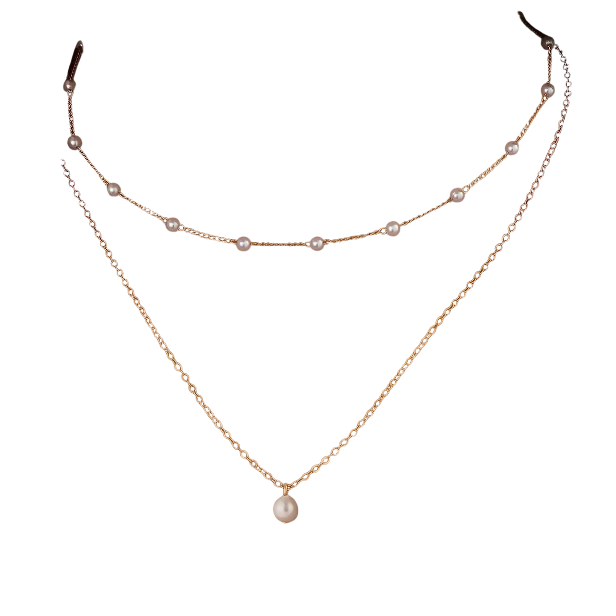 Layered pearl pendant necklace for women with gold-toned chain and double-layered white pearl design