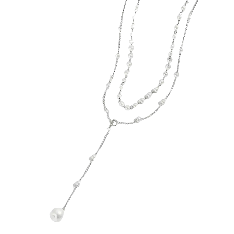 Layered pearl pendant necklace for women in silver tone with delicate freshwater pearls and a long dangling pendant