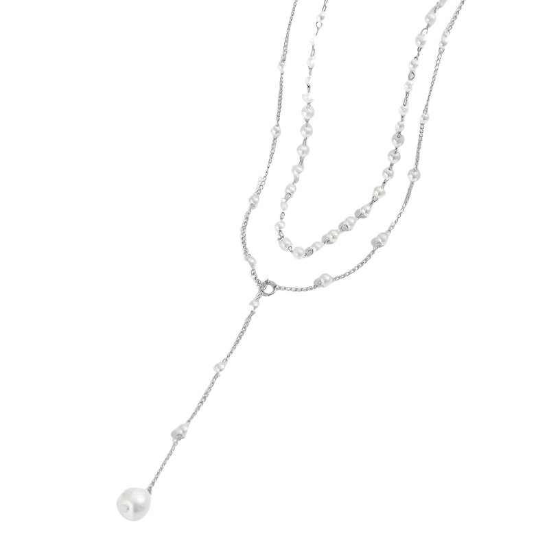 Layered pearl pendant necklace for women featuring delicate silver-toned layers and a long pearl pendant