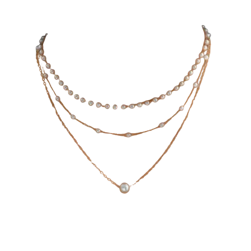 Layered pearl pendant necklace for women featuring a delicate three-layered pearl choker with rose gold chains and a central pendant