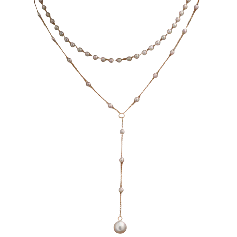 Layered pearl pendant necklace for women with delicate two-layer gold-toned chain and varying sizes of round pearls