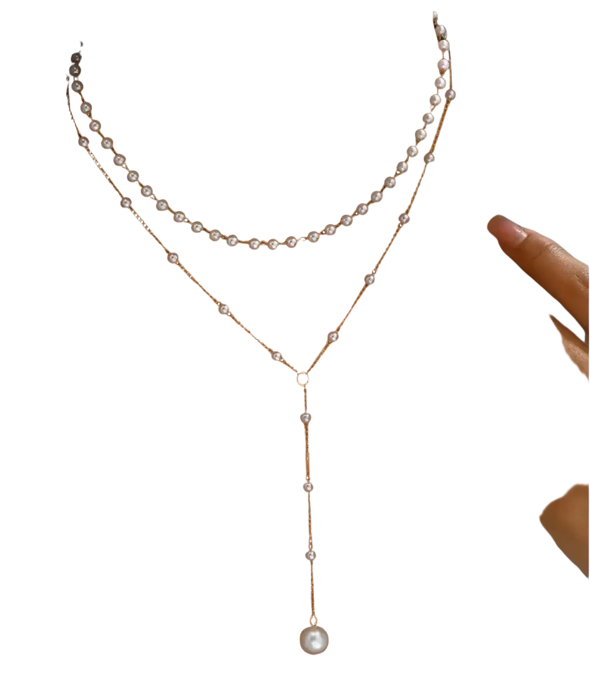 Layered pearl pendant necklace for women featuring a delicate two-tiered gold-toned chain with large pearl pendant