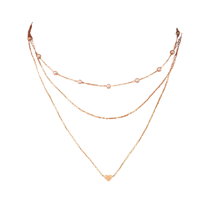 Gold-toned layered pearl pendant necklace for women with delicate chains, white pearls, and a small heart pendant