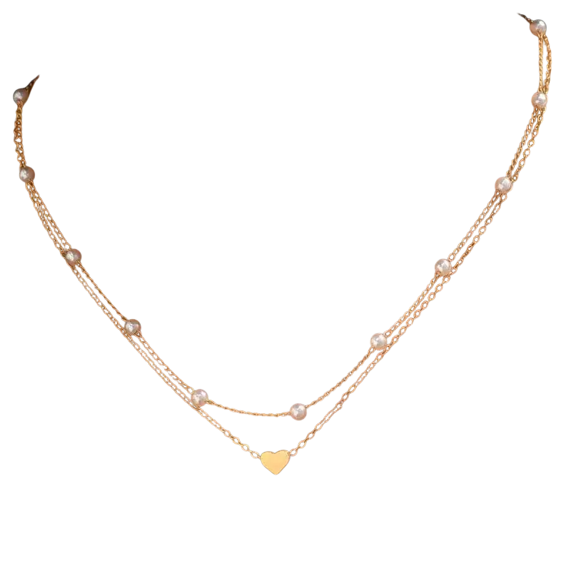 Gold-toned layered pearl pendant necklace for women with delicate chains, white pearls, and a heart-shaped pendant
