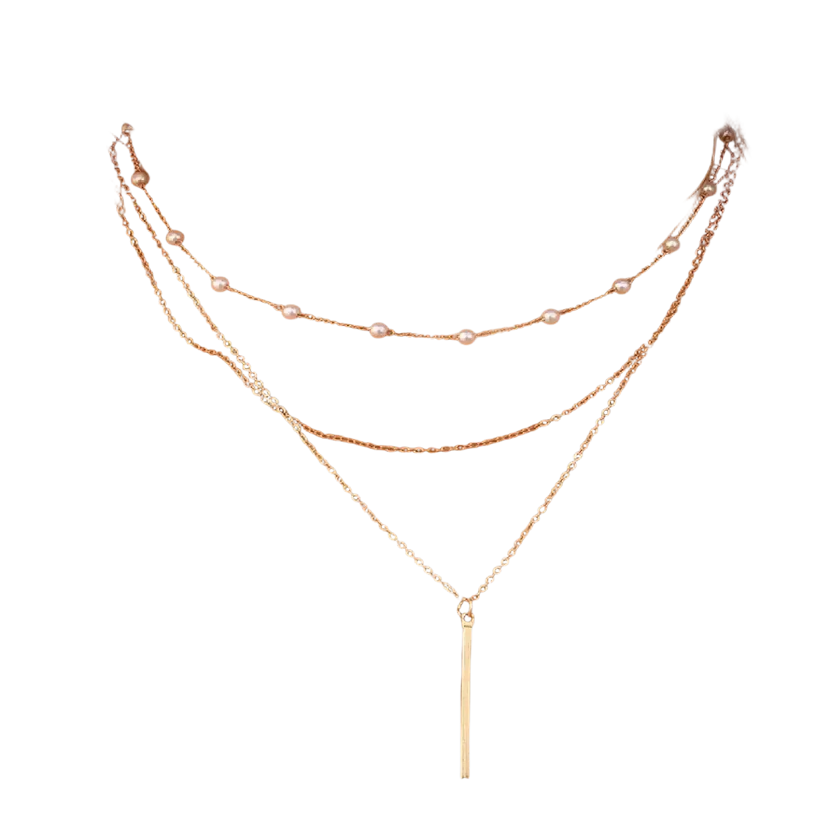Gold-toned layered pearl pendant necklace for women featuring delicate chains with spaced white pearls and vertical bar pendant