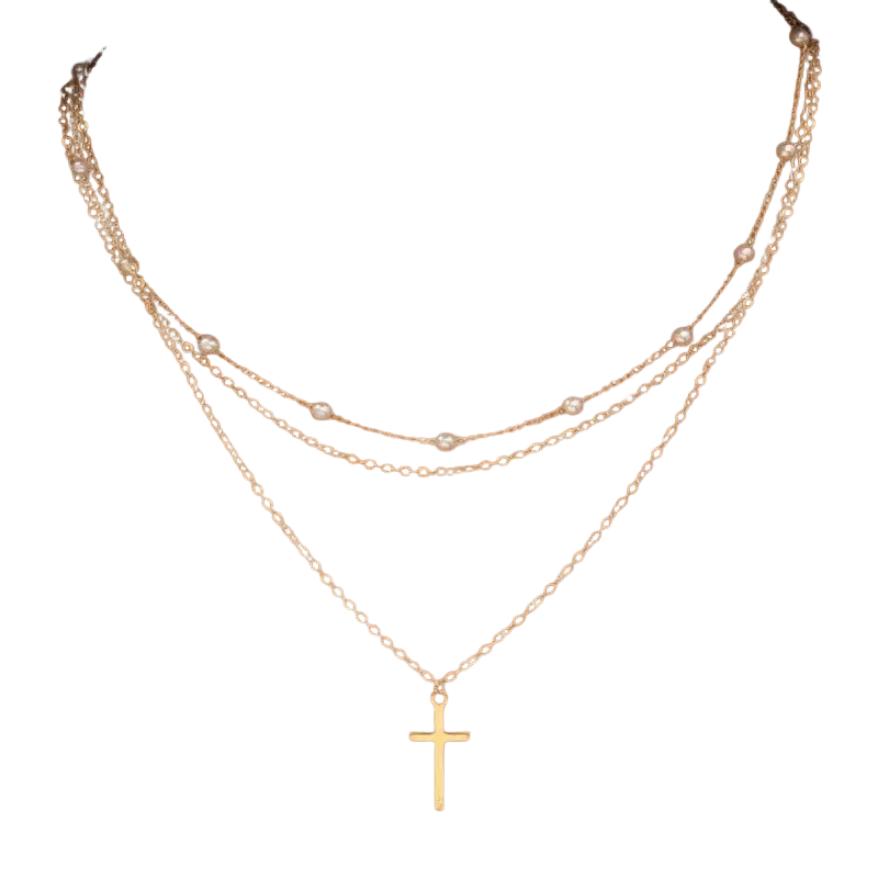 Gold-toned layered pearl pendant necklace for women with delicate chains small white pearls and cross pendant
