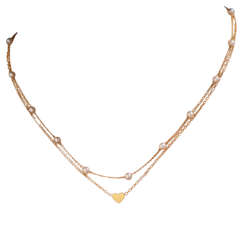 Gold-toned layered pearl pendant necklace for women with delicate chains and heart-shaped centerpiece