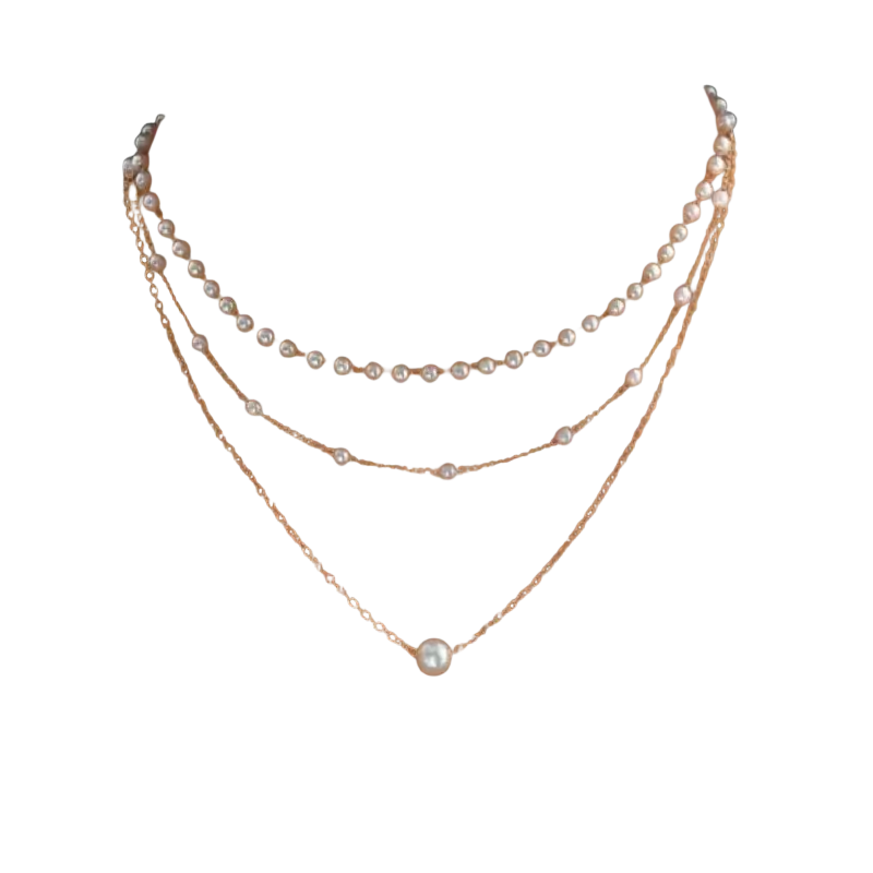 Layered pearl pendant necklace for women featuring three rose gold chains adorned with varying sizes of white pearls