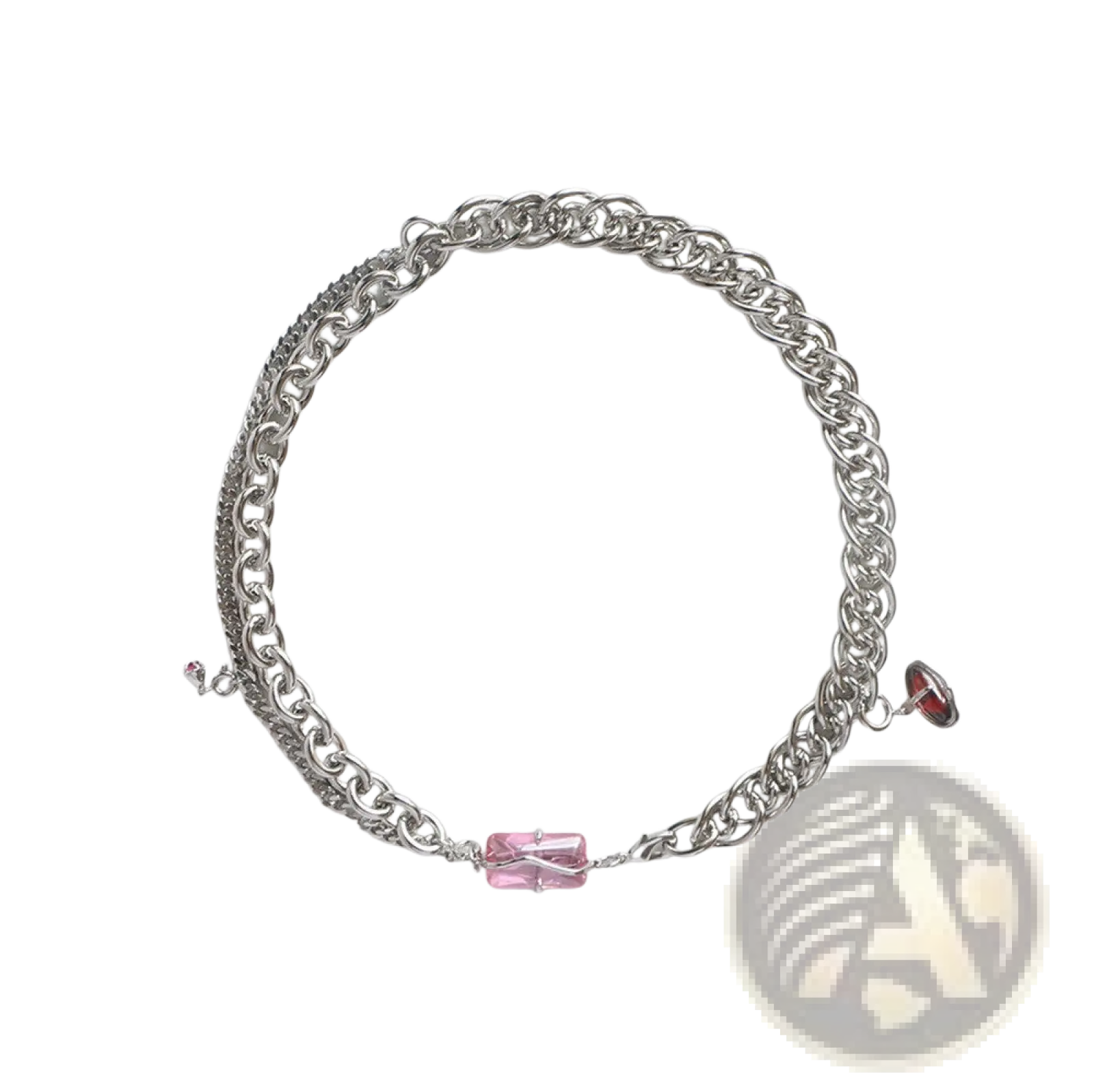 Layered silver opal and zircon necklace with pink and red crystal charm details in a stylish layered design