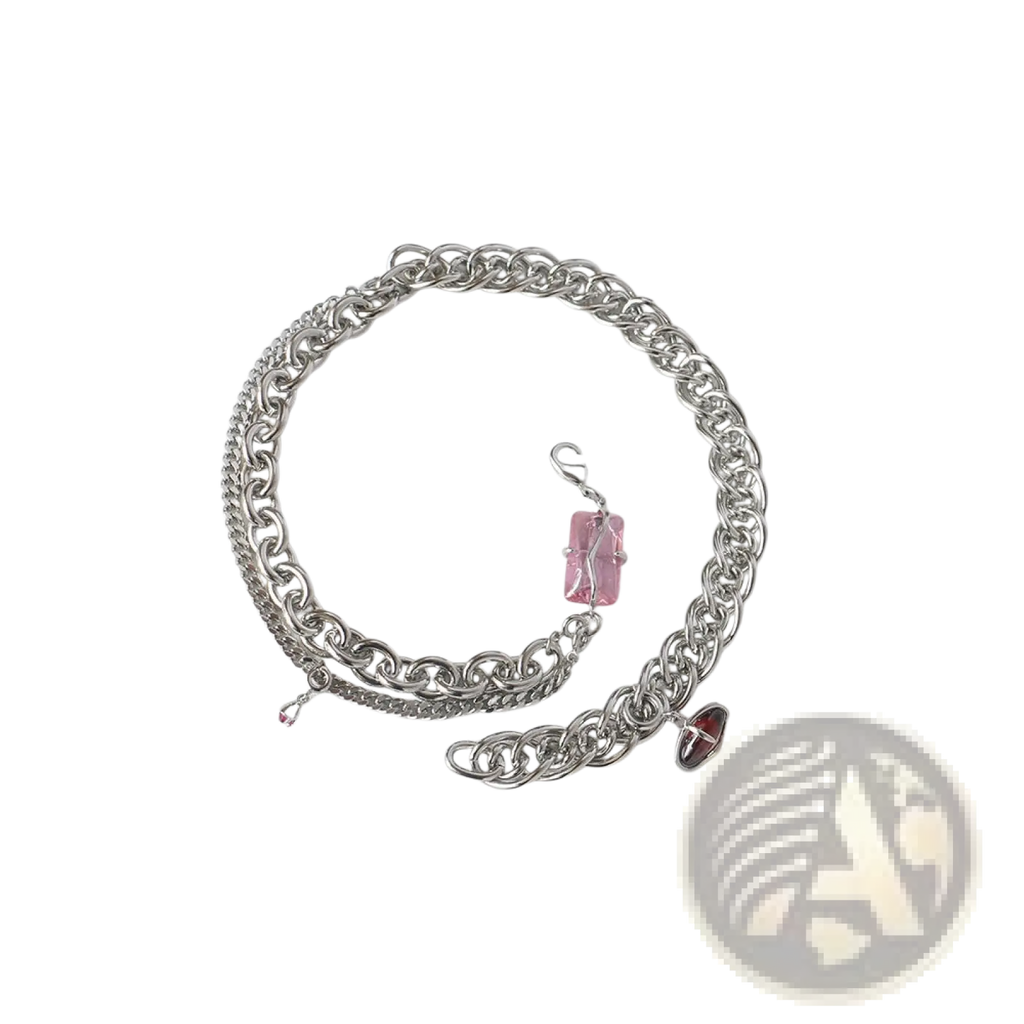 Layered silver opal and zircon crystal charm necklace with a silver chain bracelet featuring pink crystal and red heart charms