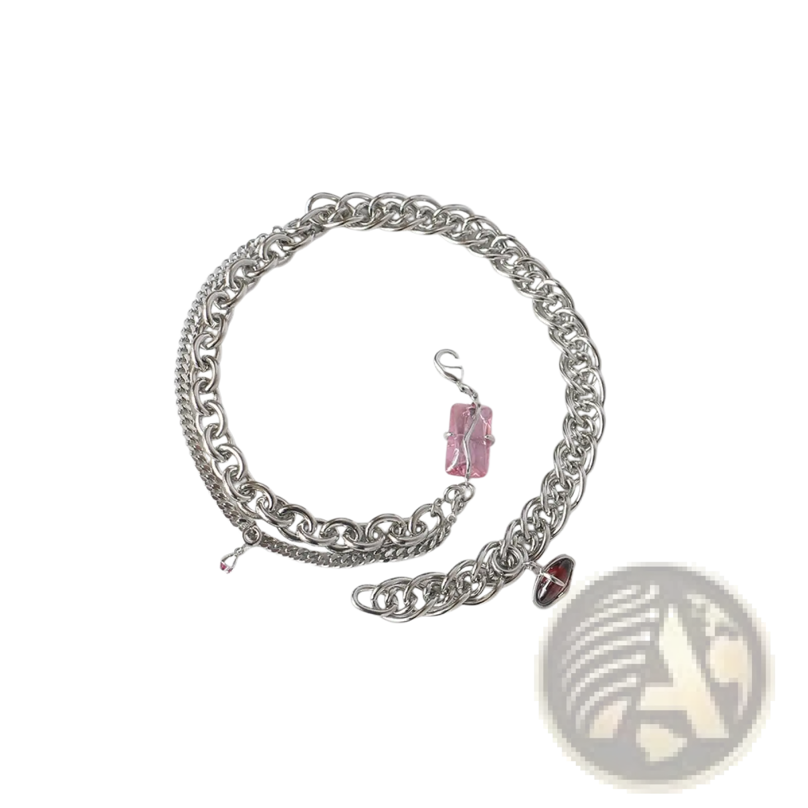 Layered silver opal and zircon crystal charm necklace with a silver chain bracelet featuring pink crystal and red heart charms