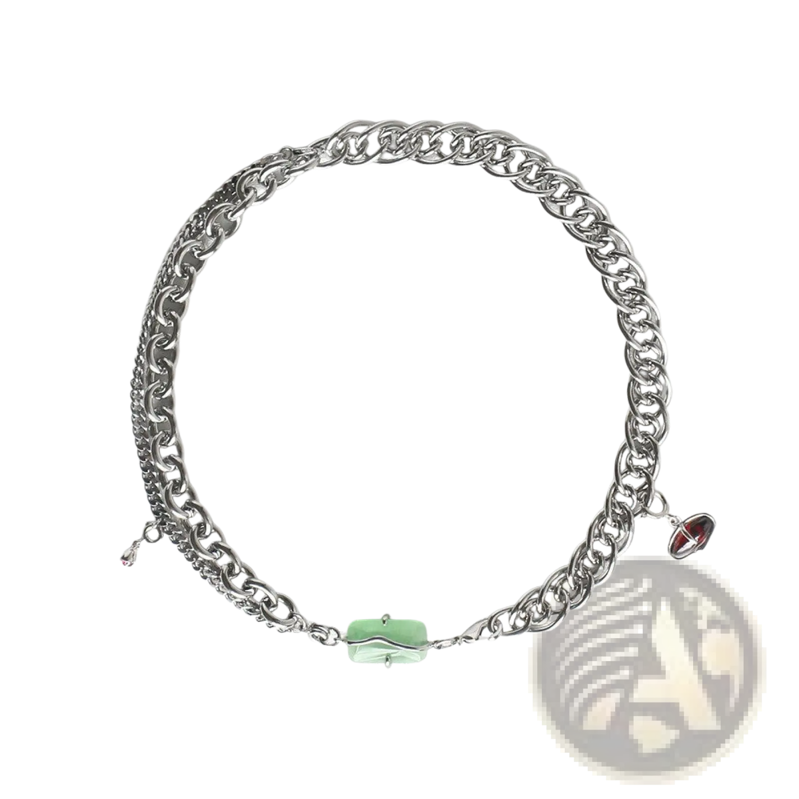Layered silver chain necklace with interlocking links featuring a light green opal pendant and red zircon charm