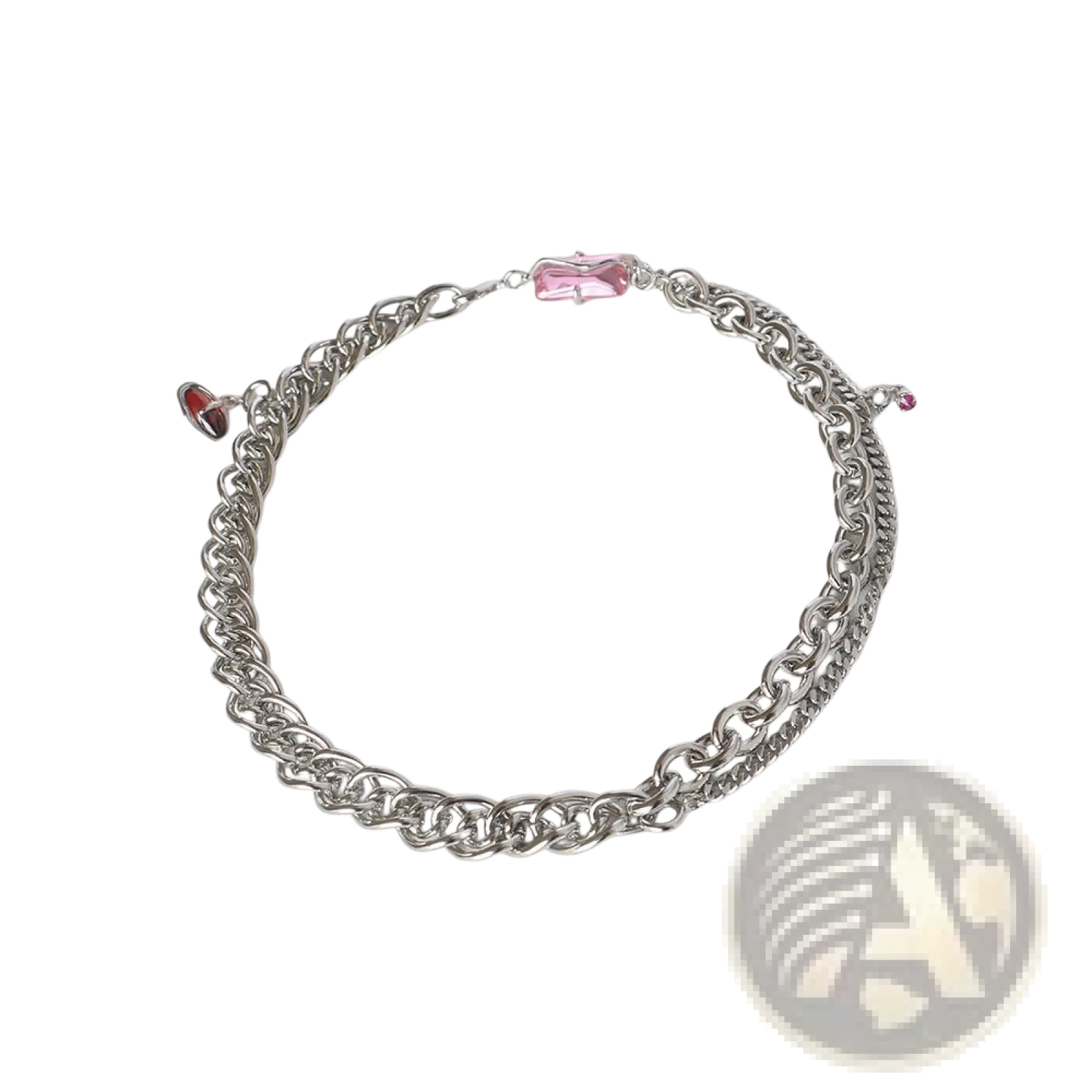 Layered silver opal and zircon crystal charm necklace with interlocking links and pink red gemstone accents