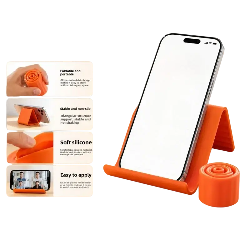 Orange flexible silicone lazy bracket foldable phone stand designed for convenient hands-free use