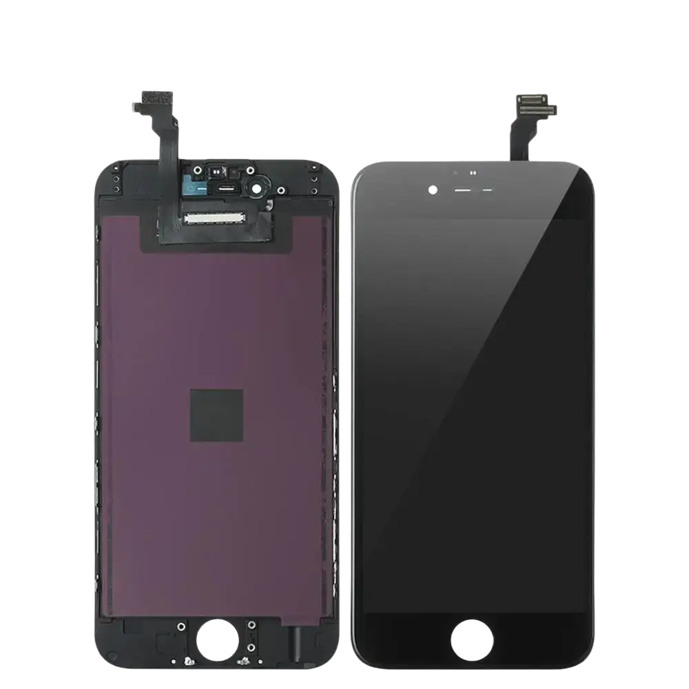 Black lcd screen assembly for iphone 6 showing front and back views suitable for touch screen and plus lcd replacements