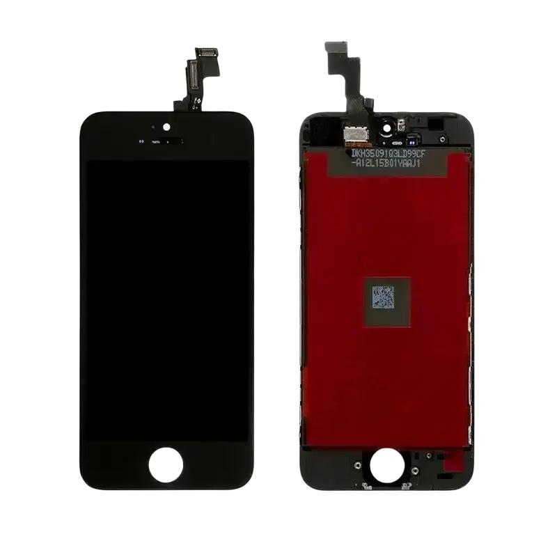 Black iphone 5 touch screen and lcd screens assembly showing front display and red rear side plus lcd components