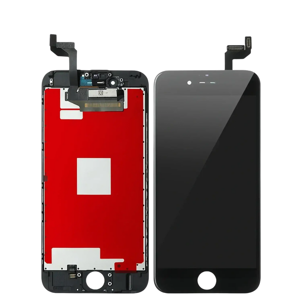 Black iphone 6 plus lcd screens and touch screen replacement showing front glass and rear components with red backing
