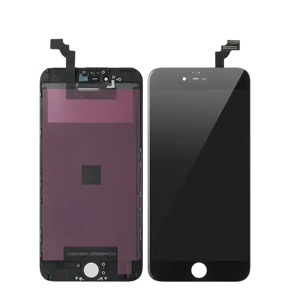 Black iphone 6 lcd screens and touch screen replacement with front-facing camera and home button shown assembled and disassembled