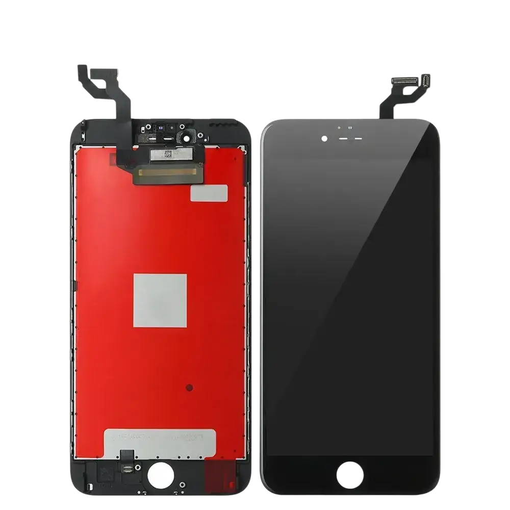 Black iphone 6 plus lcd screens and touch screen replacement showing front glass and internal red circuit side back view