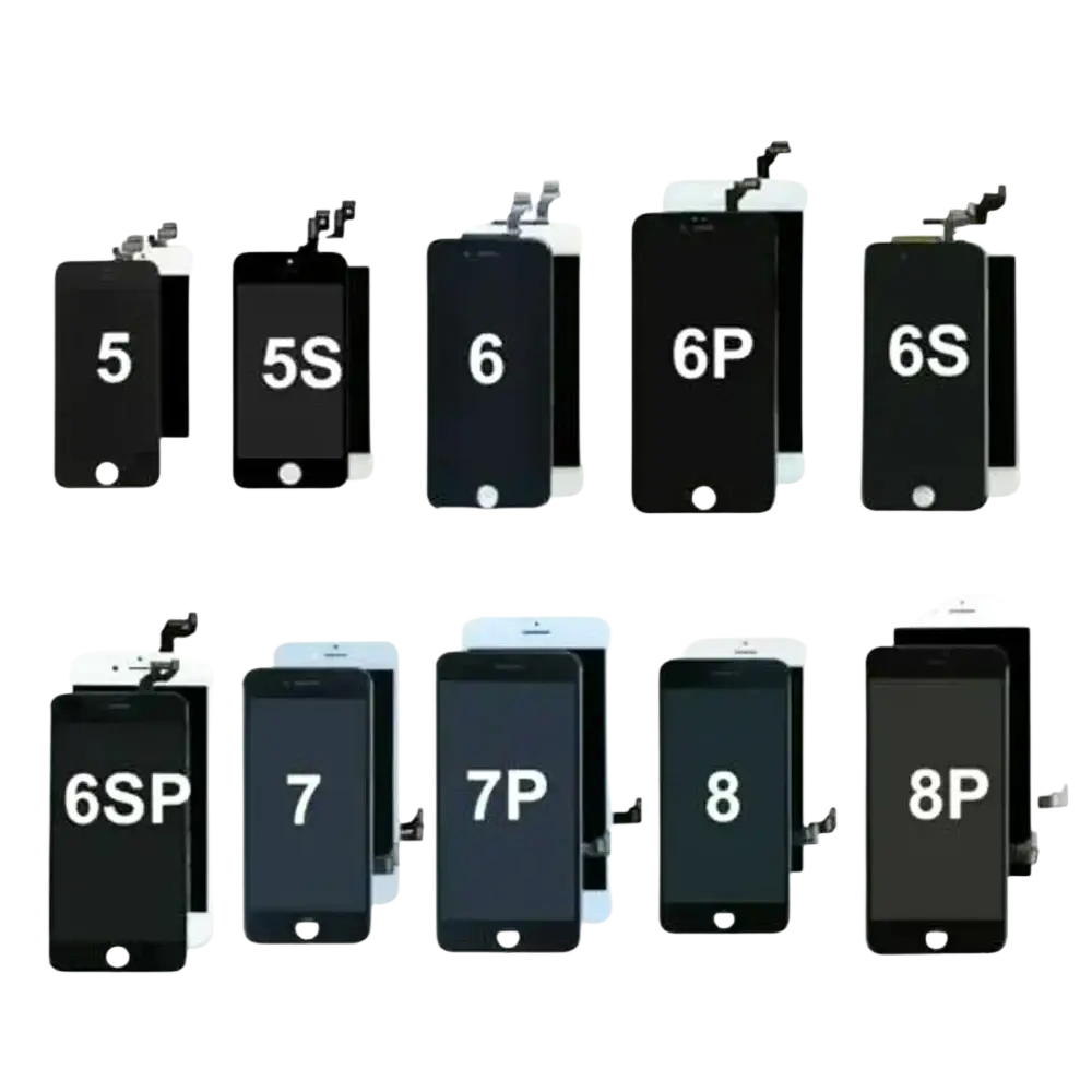 Black lcd screens and touch screen assemblies for iphone 5 to 8 plus displayed in pairs with model identifiers