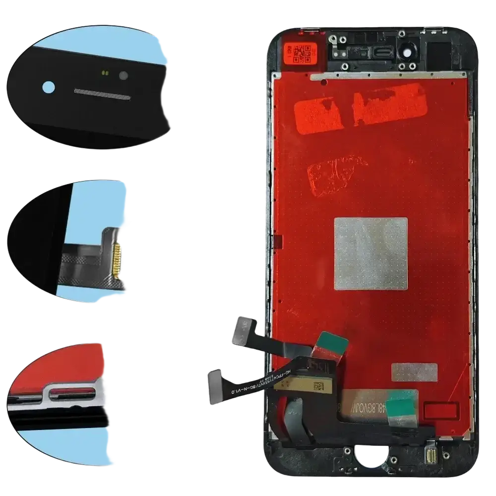 Black iphone 7 lcd screens touch screen replacement with red internal backing and visible connectors back side view