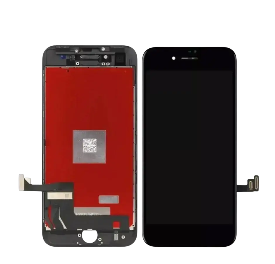 Black iphone 7 lcd screen and touch screen replacement shown from front and back views for iphone 5 to 8 plus models