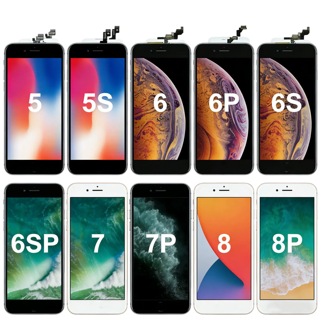 Set of ten black lcd screens and touch screen replacements for iphone 5 to 8 plus models including plus lcd versions