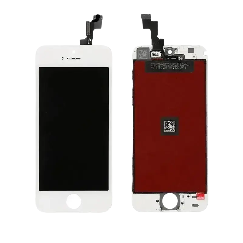 White iphone 5s lcd screen and touch screen replacement with front camera, home button, and red back panel connectors