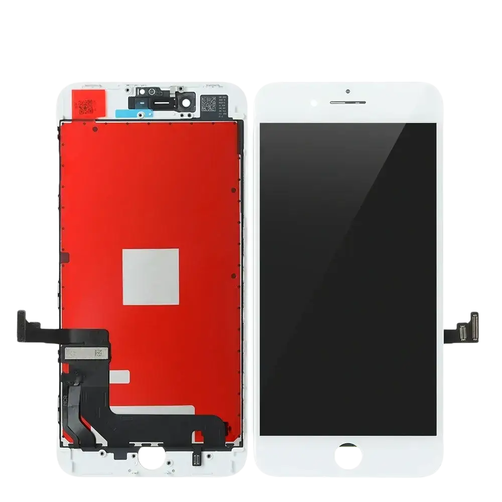 White iPhone 6 plus lcd screen and touch screen assembly with rear internal components shown on red panel for replacement