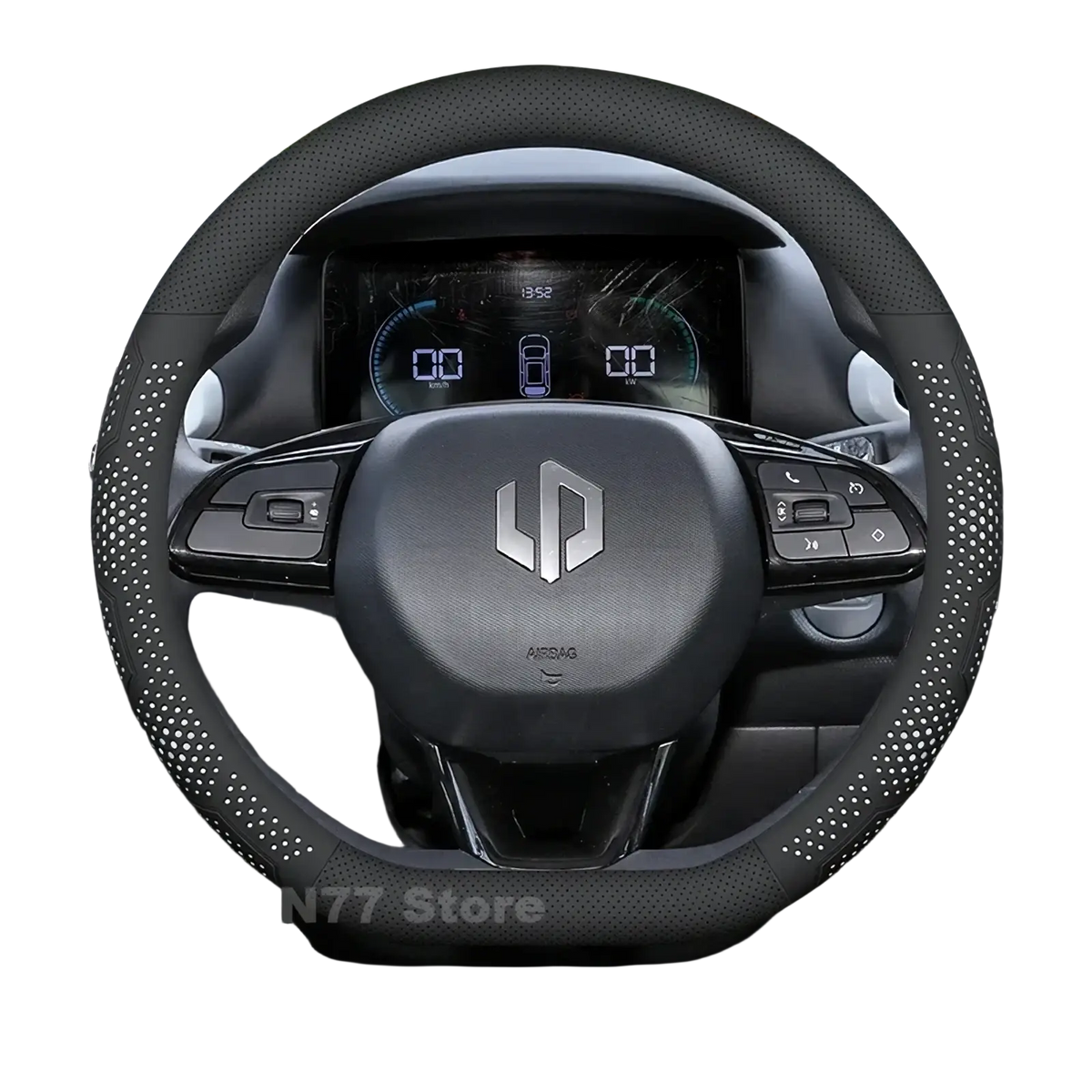 Black perforated leather Leapmotor T03 steering wheel cover with textured grippy surface and dotted pattern along rim