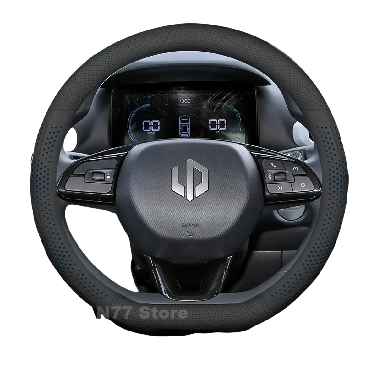 Black perforated leather Leapmotor T03 steering wheel cover with a silver logo center for enhanced grip and style