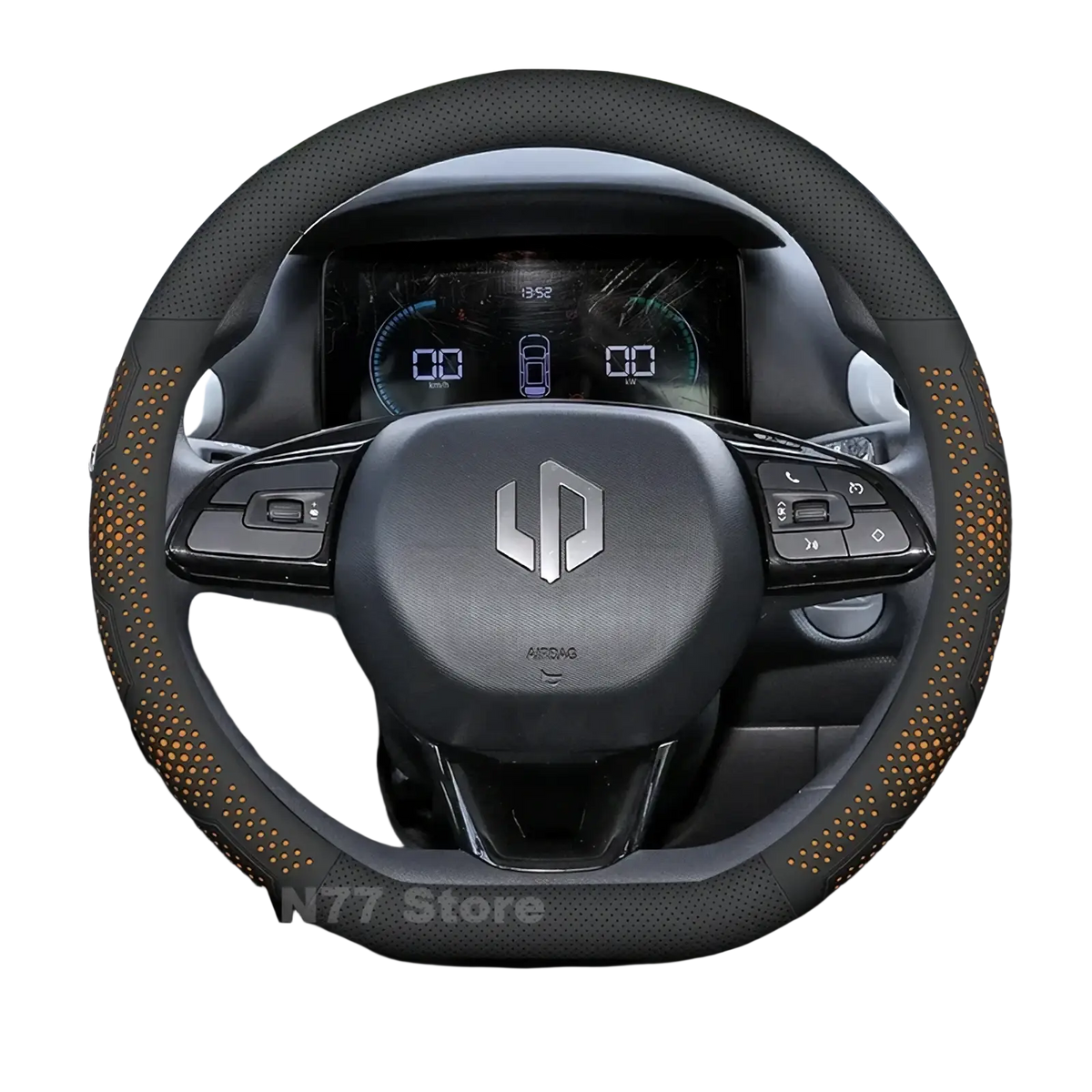 Black perforated leather Leapmotor T03 steering wheel cover with orange dot accents for enhanced grip and style