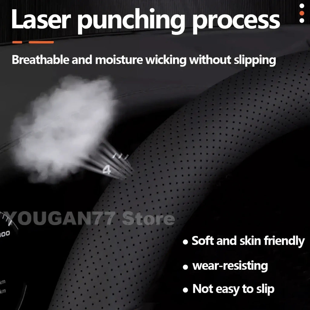 Black perforated leather Leapmotor T03 steering wheel cover with laser punching for breathability and moisture wicking