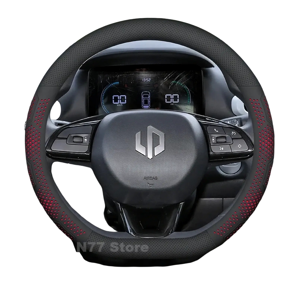 Leapmotor T03 leather steering wheel cover in black and red with perforated design and textured grip for enhanced control
