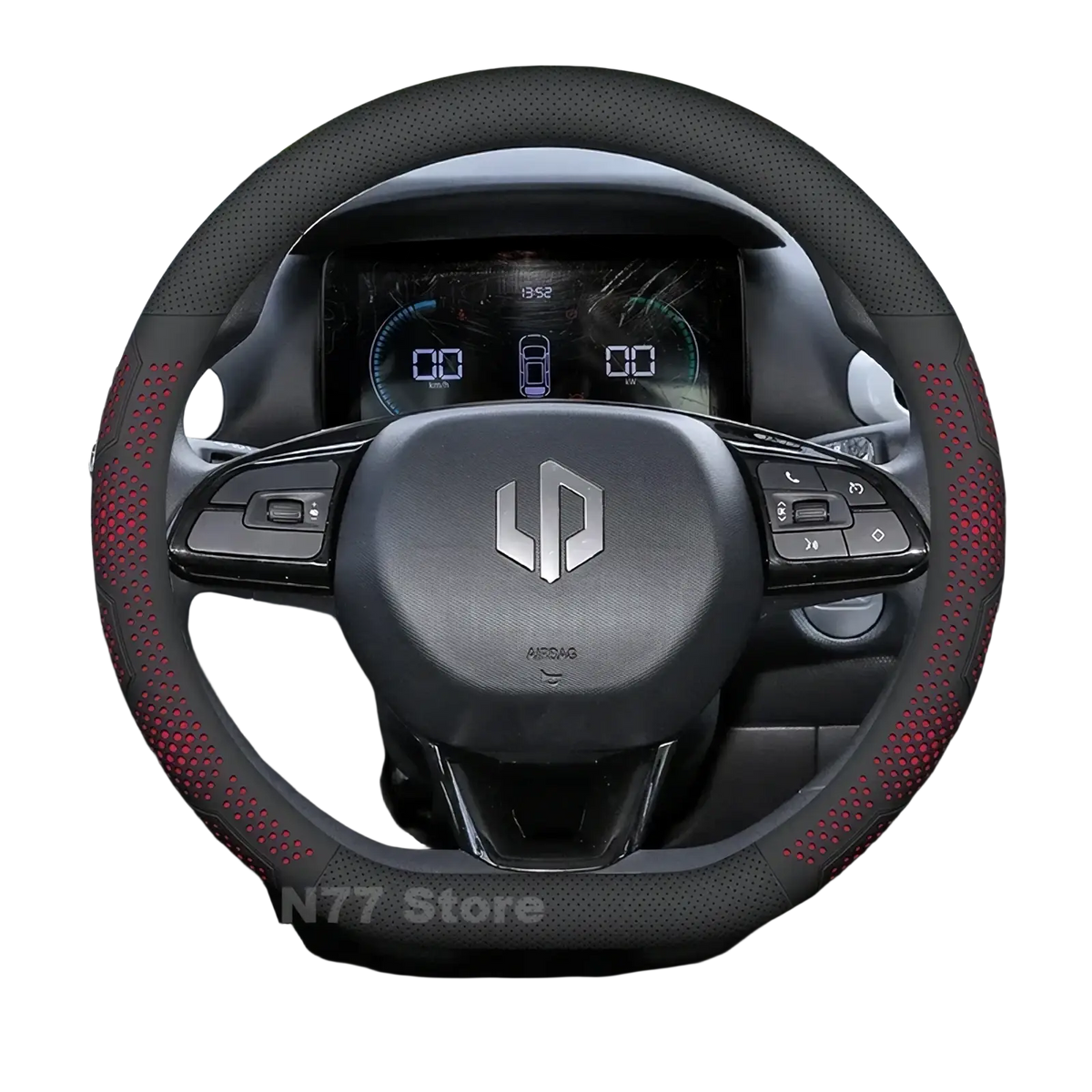 Leapmotor T03 leather steering wheel cover in black and red with perforated design and textured grip for enhanced control